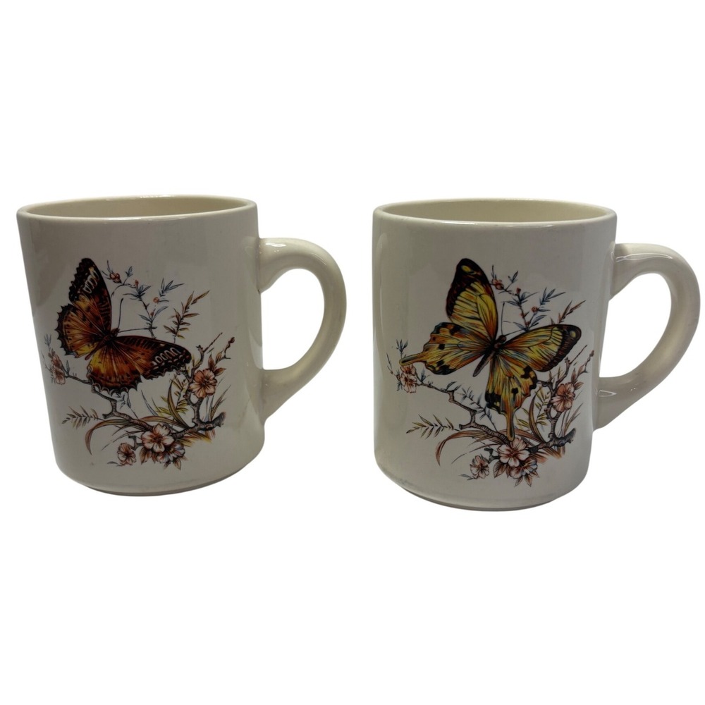 Butterfly and Floral Ceramic Coffee Mug Set of 2 Cream Nature Themed Vintage